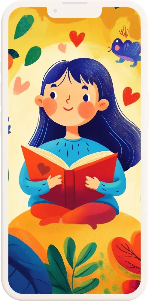 Ilustracja przedstawiająca radosną dziewczynkę czytającą ksiąkę